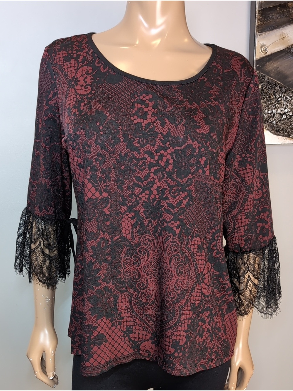 Laura Gothic Lace Blouse Womens Size XL Red Black Vamp Romantic Moody Floral - Picture 10 of 10